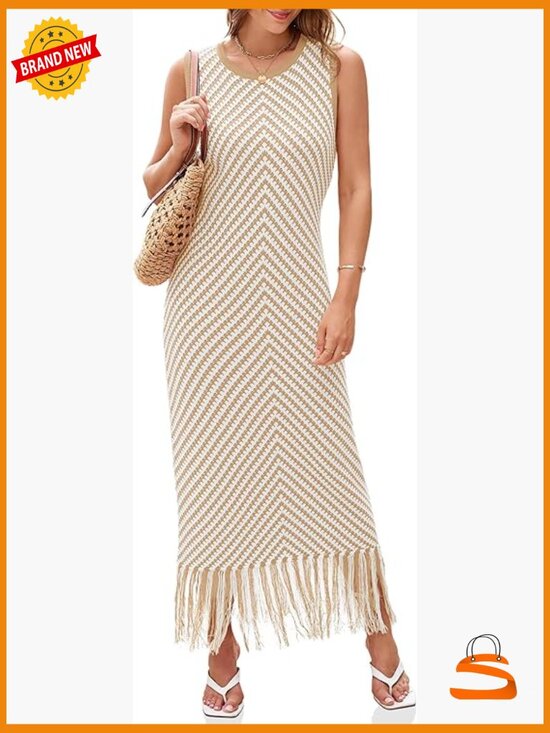 Dresses & Skirts - Boho Crochet Knit Maxi Dress Sleeveless Tassel Fringe Sweater Tank Dress